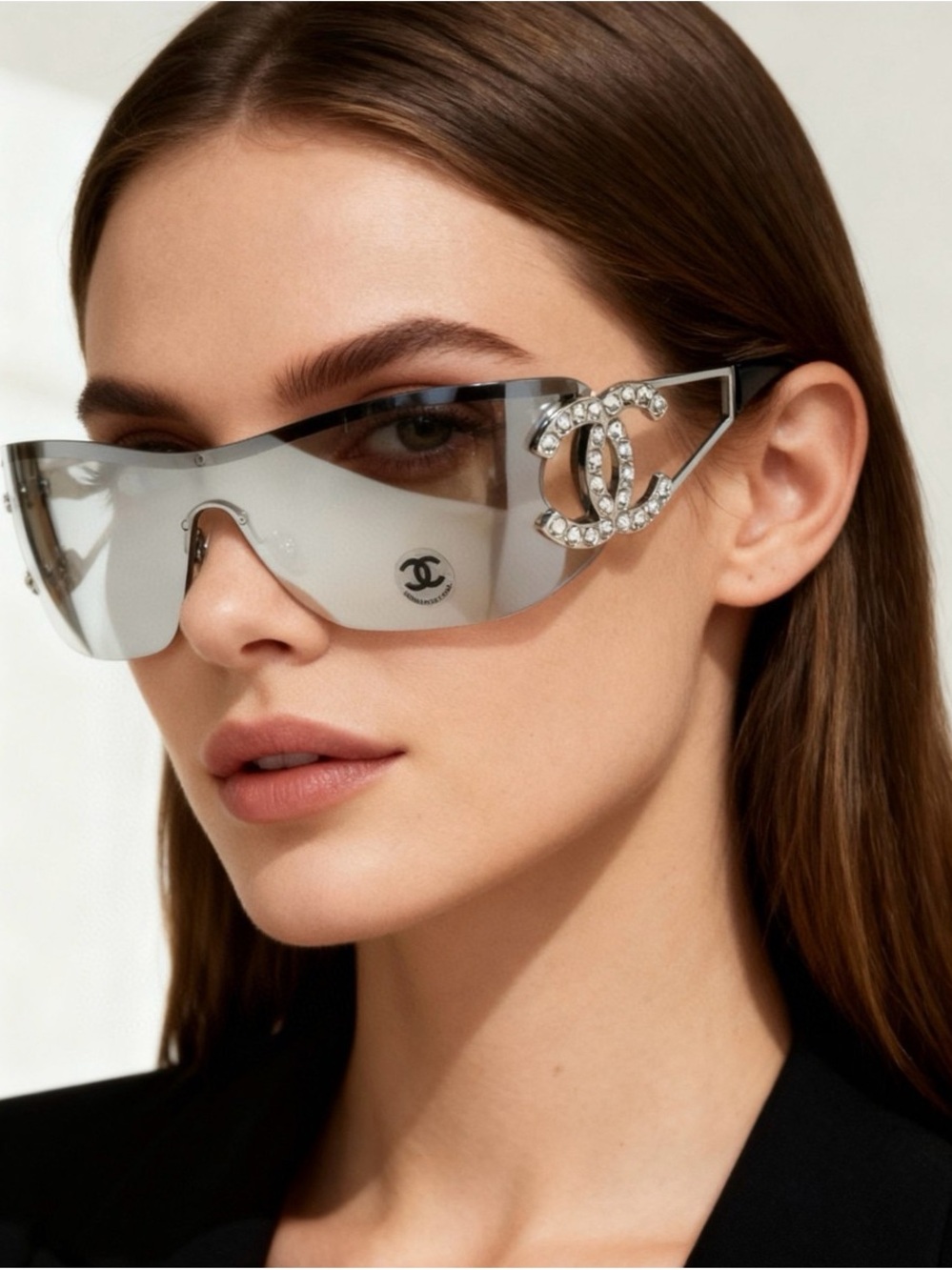 CHANEL Silver Mirrored Shield Sunglasses with Crystal CC Accent
